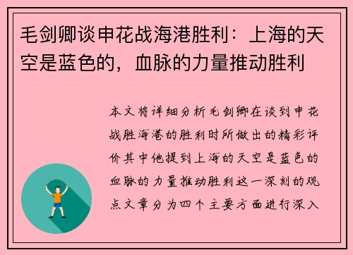 毛剑卿谈申花战海港胜利：上海的天空是蓝色的，血脉的力量推动胜利