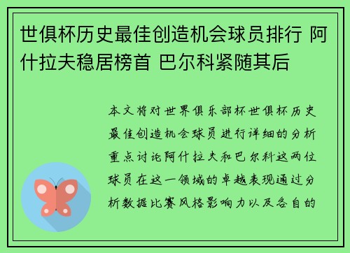 世俱杯历史最佳创造机会球员排行 阿什拉夫稳居榜首 巴尔科紧随其后