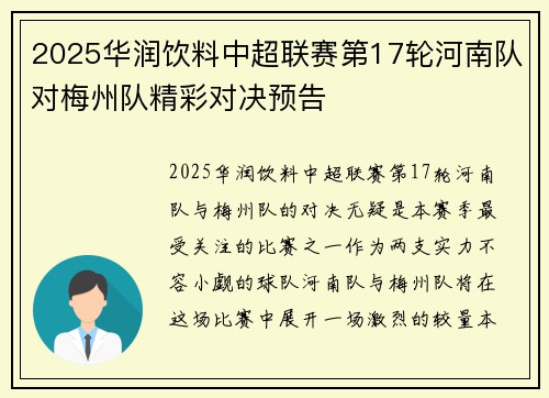 2025华润饮料中超联赛第17轮河南队对梅州队精彩对决预告