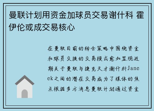 曼联计划用资金加球员交易谢什科 霍伊伦或成交易核心