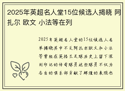 2025年英超名人堂15位候选人揭晓 阿扎尔 欧文 小法等在列